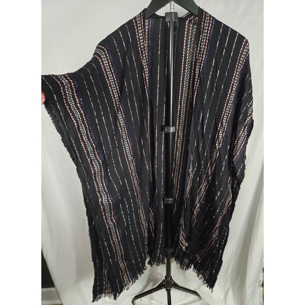 Women's One Size Boho Textured Kimono Black Striped Open Front Fringe Hem